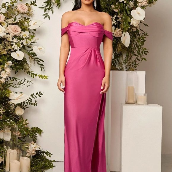 Pink Preppy Womens Off Shoulder Ruched Split Thigh Bridesmaid maxi Dress - Picture 4 of 5